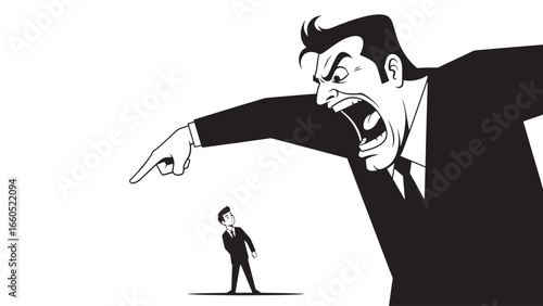 A large, angry businessman aggressively pointing and shouting at a much smaller, intimidated man in a suit, symbolizing power imbalance and workplace intimidation.