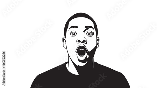 A close-up, high-contrast illustration of a young Black man with wide, astonished eyes and an open mouth, conveying shock or surprise.