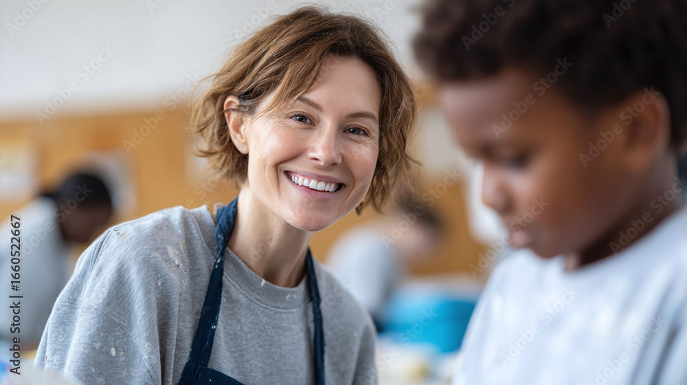 Warm image of a smiling teachermentor guiding a child in an art class. Represents education, learning, diversity, and positive interaction. Ideal for educational materials. Warm image of a smiling teachermentor guiding a child in an art class. Represents education, learning, diversity, and positive interaction. Ideal for educational materials.
