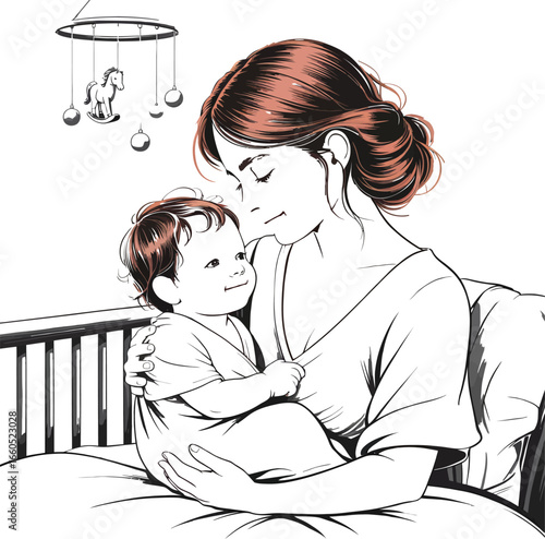 Vector Mother and Child Bonding: A Woman Holding a Baby in a Nursery.