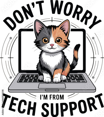 Cute calico cat sitting on laptop with tech support text kitten computer