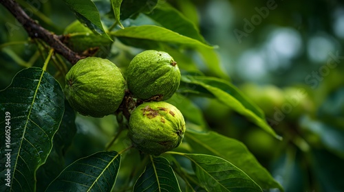 Macro Photography of a Thriving Walnut Tree with Lush Green Walnuts on the Verge of Blooming, Highlighting Intricate Foliage and Detailed Textures in High Contrast