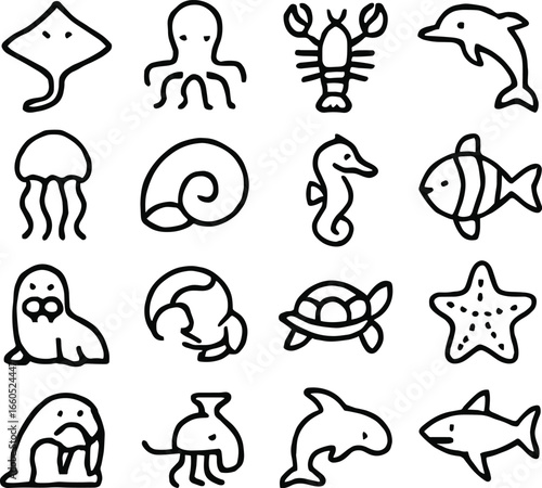 Ocean animals and sea creatures icon set with fish, dolphin, octopus, shark, jellyfish, turtle, seahorse, shell, starfish.
