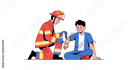 Firefighter helping injured person vector illustration, emergency medical care concept, flat design