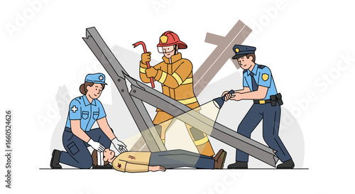 Emergency rescue illustration concept vector firefighter police paramedic helping injured person fla