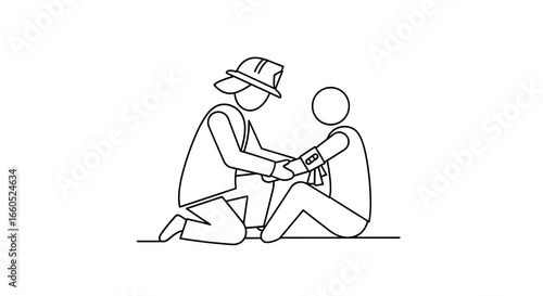 Firefighter Helping Injured Person Vector Illustration Icon Emergency Aid Concept Outline Style
