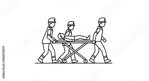 Paramedics carrying stretcher vector illustration, emergency medical service concept, flat outline style 