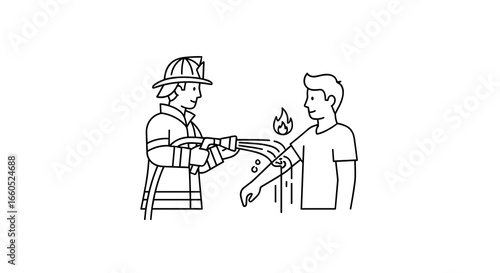 Firefighter Vector Illustration: Fireman Extinguishing Flames on Injured Man, Modern Outline Style Icon 