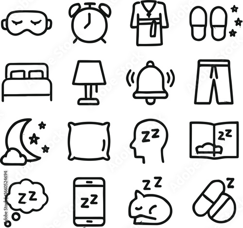 Sleep and bedtime icon set with pillow, moon, alarm clock, bed, pajamas, relaxation, nap, dream, night, rest, comfort.