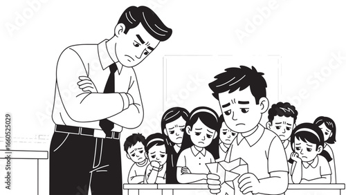 A disappointed teacher observes a student struggling with a test paper in a classroom filled with worried students.