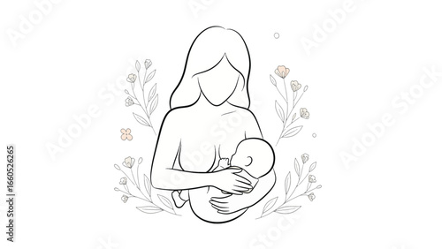 A tender illustration of a mother breastfeeding her baby, surrounded by delicate floral elements and soft, organic shapes.
