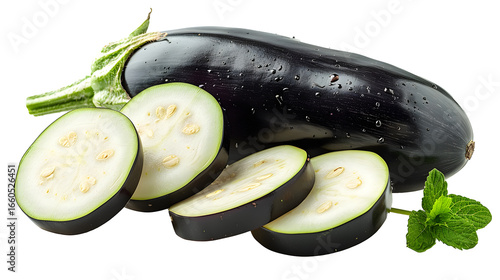 Fresh green zucchini, sliced and isolated on a white background, next to a ripe eggplant