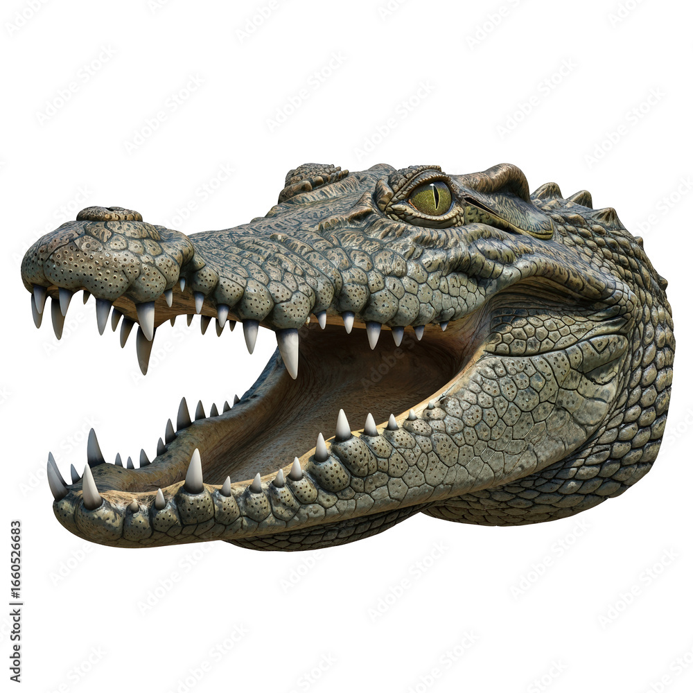 Fototapeta premium Close up of an aggressive crocodile head with its mouth open showing sharp teeth isolated on transparent background