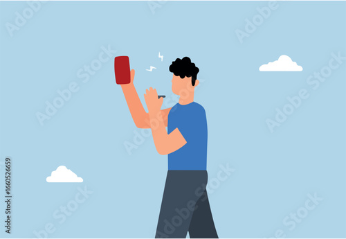 Business banned, businessman blowing whistle showing red card to ban employee involved in offense.