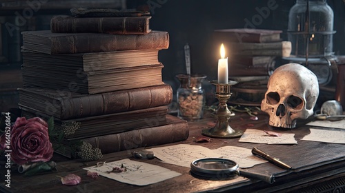 A Dark Academia Still Life Antique Books, Skull, And Rose On A Wooden Desk Illuminated By Candlelight