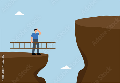 Solution to solve problem, businessman holds ladder that is to be climbed up to higher cliff
