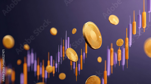 Digital coins floating above colorful financial chart, representing market trends and investment opportunities in cryptocurrency