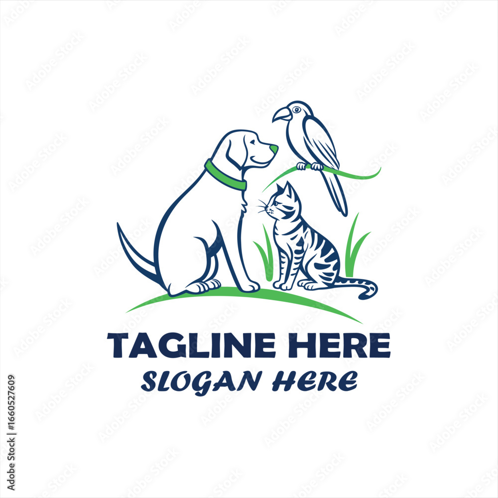 Obraz premium Pet Care Logo Design with Dog, Cat and Bird Vector Illustration