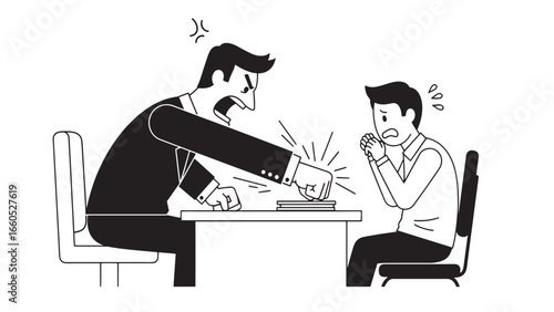 An angry boss aggressively slams his fist on a desk, intimidating a fearful employee during a tense workplace confrontation.