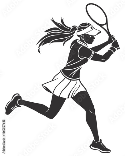 Dynamic Black and White Silhouette of a Female Tennis Player Mid-Swing