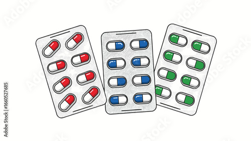 Three blister packs containing red, blue, and green capsules, presented on a white background, suggesting medication or supplements.