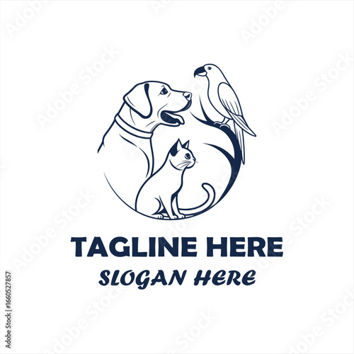 Pet Care Logo Design with Dog, Cat and Bird Vector Illustration