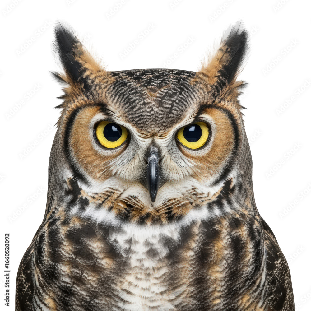 Obraz premium Great horned owl face close up isolated on transparent background