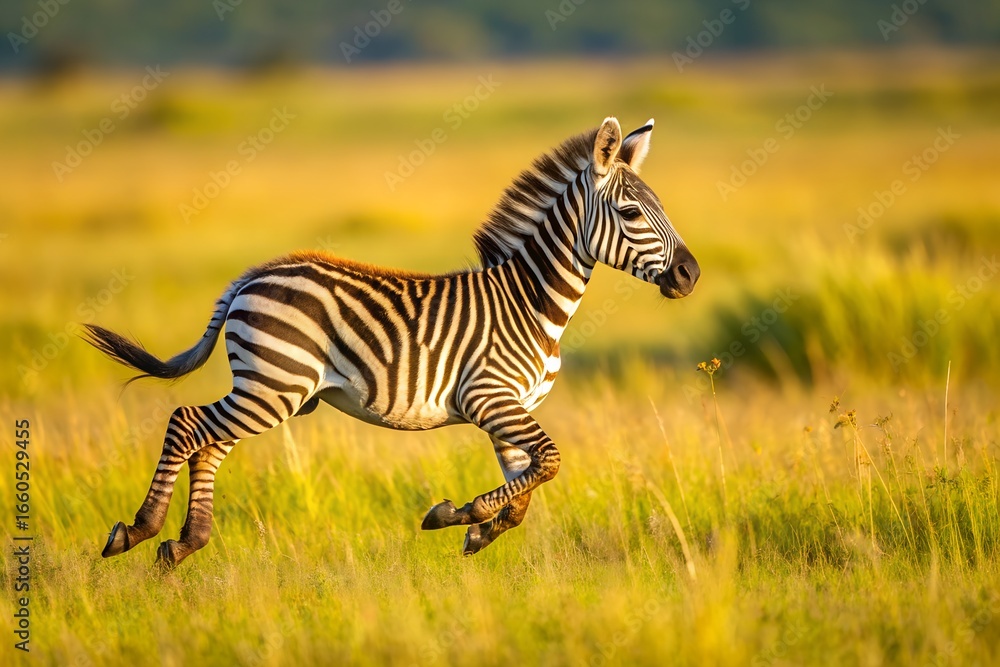 Fototapeta premium Young Zebra Galloping Through Golden Grassland in African Wildlife Safari