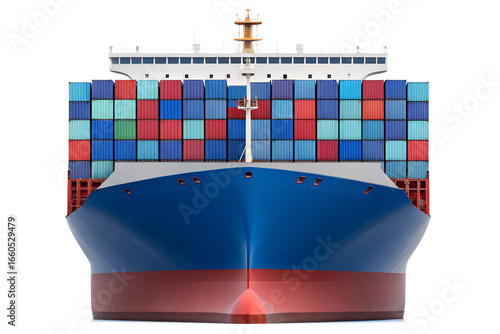 Front view of a large modern cargo ship loaded with colorful shipping containers isolated on transparent background