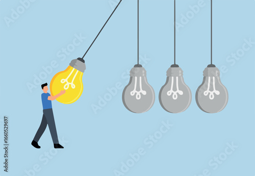 Knowledge sharing, business manager pulls light bulb into pendulum to convey information