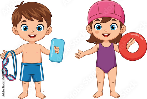 Kids swimming cartoon, children in swimwear, boy with goggles, girl in swimsuit, swimming pool clipart, summer vacation kids illustration