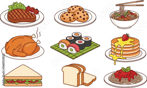 Cartoon food illustration, steak clipart, cookies vector, ramen noodles drawing, sushi cartoon, pancakes with syrup, sandwich art, bread slices, spaghetti pasta illustration