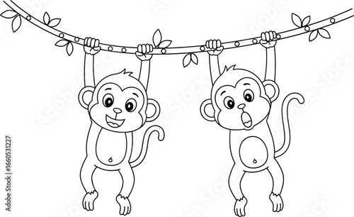 Cute monkeys coloring page, cartoon jungle animals, two monkeys hanging on branch, funny baby monkey illustration, printable animal coloring sheet