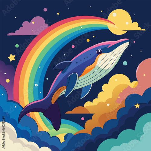 vector illustration of a whale swimming on the moon and stars
