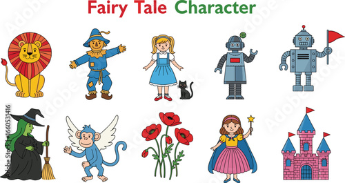 Fairy tale cartoon characters vector set, wizard witch princess robot lion castle illustration, fantasy clipart collection, children’s storybook design artwork