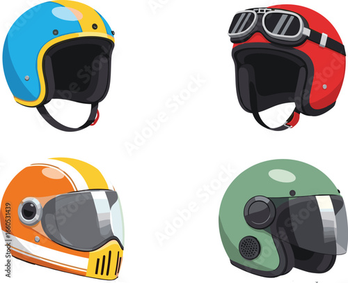 Motorcycle helmet cartoon vector set, biker safety gear illustration, racing helmet design, protective headgear clipart, motorbike equipment icons collection