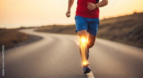 Runner's Knee Joint Health - A male runner jogging on a road at sunset with highlighted knee joint anatomy. Focus on joint health and fitness