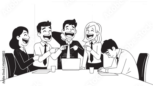 A group of diverse colleagues in a meeting room are joyfully laughing together, with one person looking down at their work.