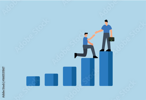 Manager support to achieve target, businessman support team member giving hand to help reach target