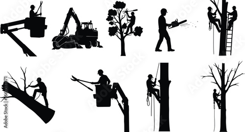 Tree cutting silhouettes, arborist workers, chainsaw operation, logging equipment, pruning services, forestry safety, wood removal, landscape maintenance illustration