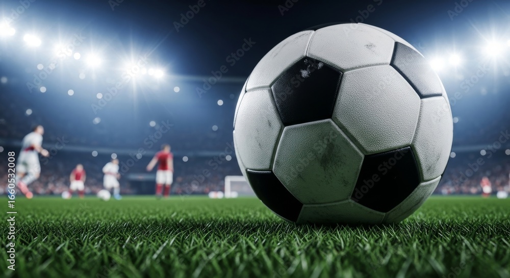 Naklejka premium Soccer Ball on Stadium Field - Close-up of a soccer ball on a green field with blurred stadium background and players in action