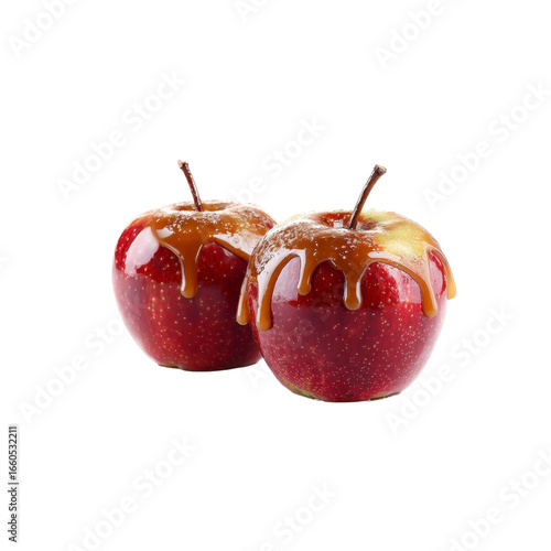 Two Caramel Apples with Dripping Caramel Sauce, Delicious Autumn Treat