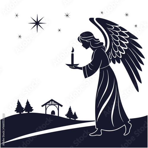 Serene Christmas Angel Silhouette:  Candle, Star, Nativity Scene, Peaceful Holiday Design.