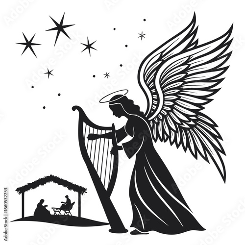 Serene Christmas Angel Silhouette: Harp, Nativity Scene, Starry Night, Black and White Vector Illustration