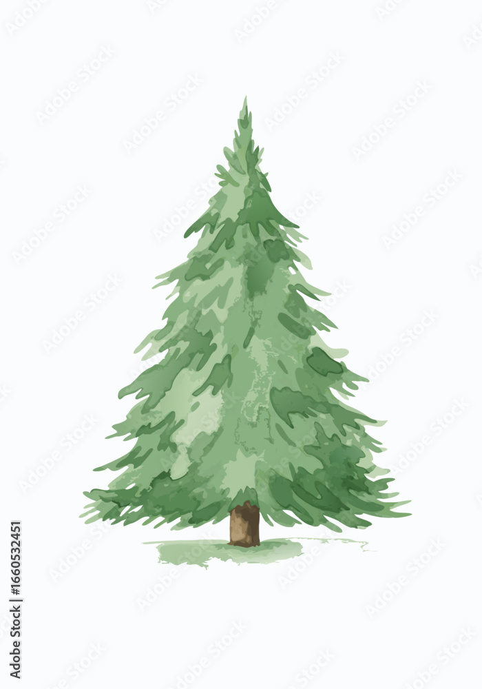 Fototapeta premium Watercolor illustration of a green fir tree with soft brush strokes on a white background, natural conifer pine for design projects