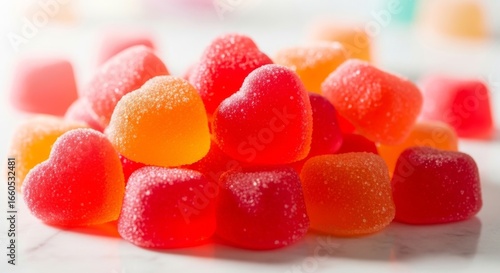 Sweet Heart Jellies: A Valentine's Day Delight - Vibrant red and orange heart-shaped jellies, sugary, glistening, perfect for Valentine's Day, symbolizing love, sweetness, romance, celebration, and