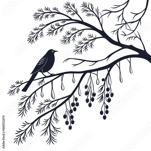 Serene Winter Bird Silhouette: Elegant Ink Drawing of Bird on Berry-laden Branch