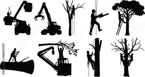 Tree cutting silhouettes, arborist workers, logging equipment, forestry service, chainsaw operator, pruning illustration, wood removal, landscape maintenance design