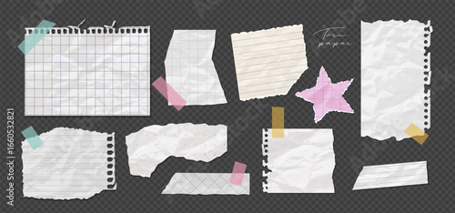 Set realistic crumpled pieces of paper with wrinkles and folds, white ripped notebook pages, lines and grid. Blank torn memo sheets with damaged edges, wrinkled strips and ragged note scraps. Vector
