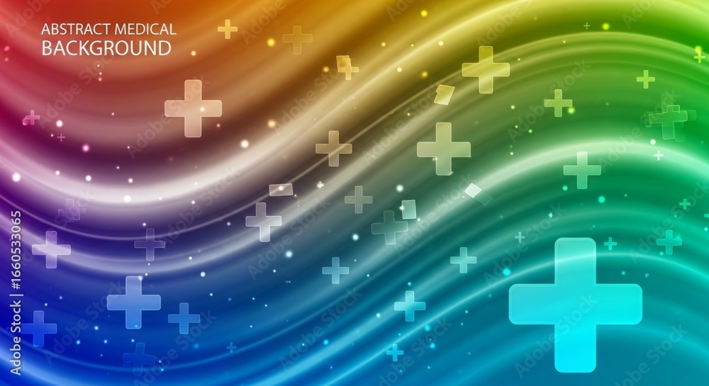 Obraz premium Vibrant Medical Abstract Background - Healthcare, medicine, wellness, recovery, and healing are symbolized by flowing lines, plus signs, and a rainbow gradient.